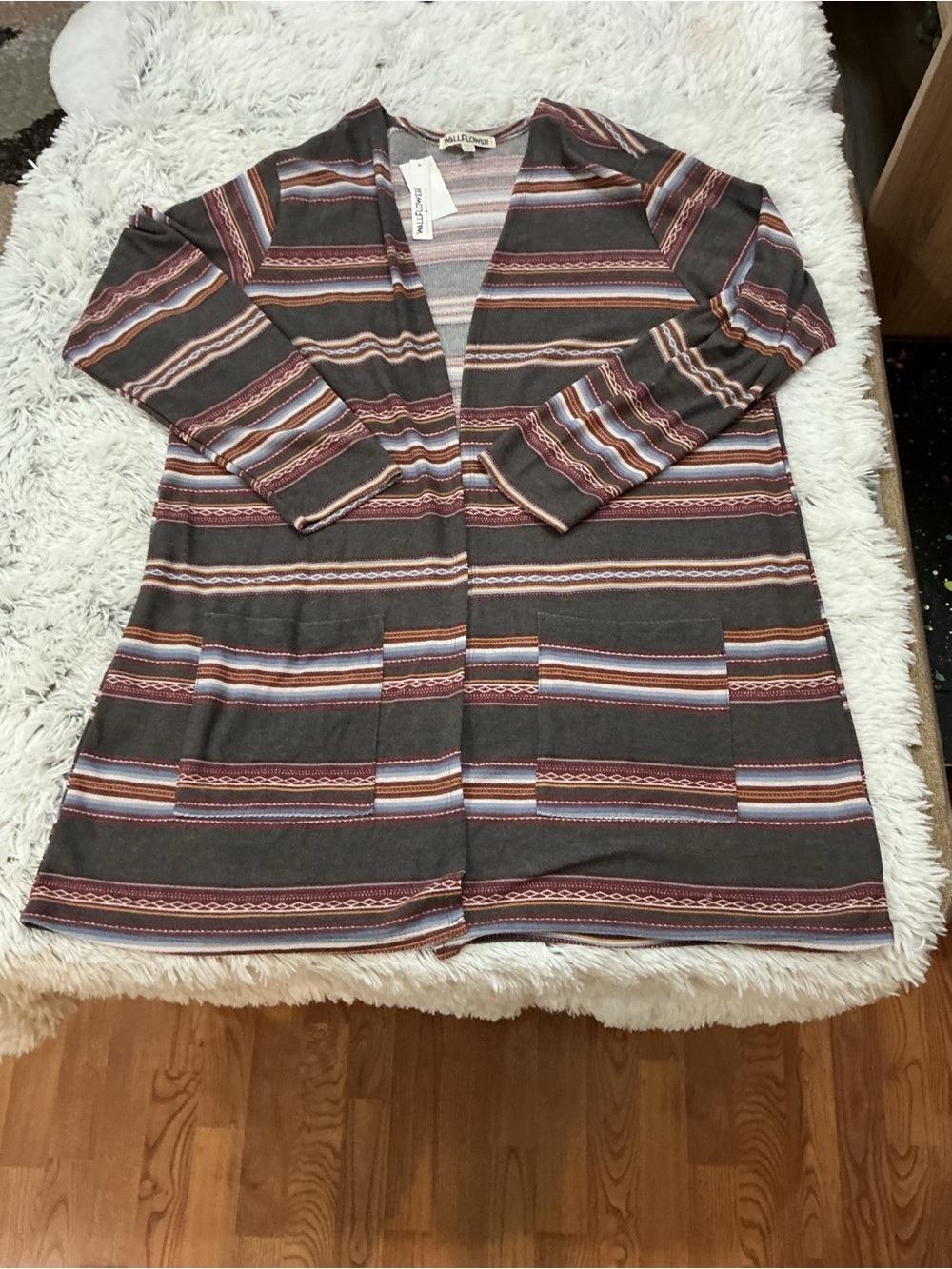 Wallflower 2X Open Front Striped Cardigan Duster Boho Lightweight Pocket Sweater - Picture 13 of 14